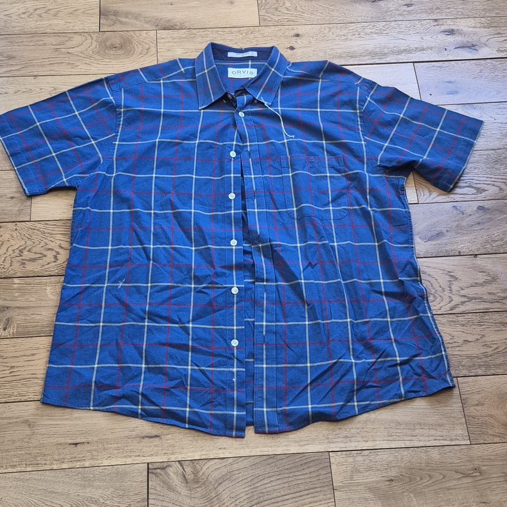 Orvis Blue Plaid Short-Sleeve Button-Up Shirt Size XL